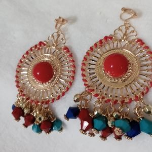 Red blue gold clip on earrings